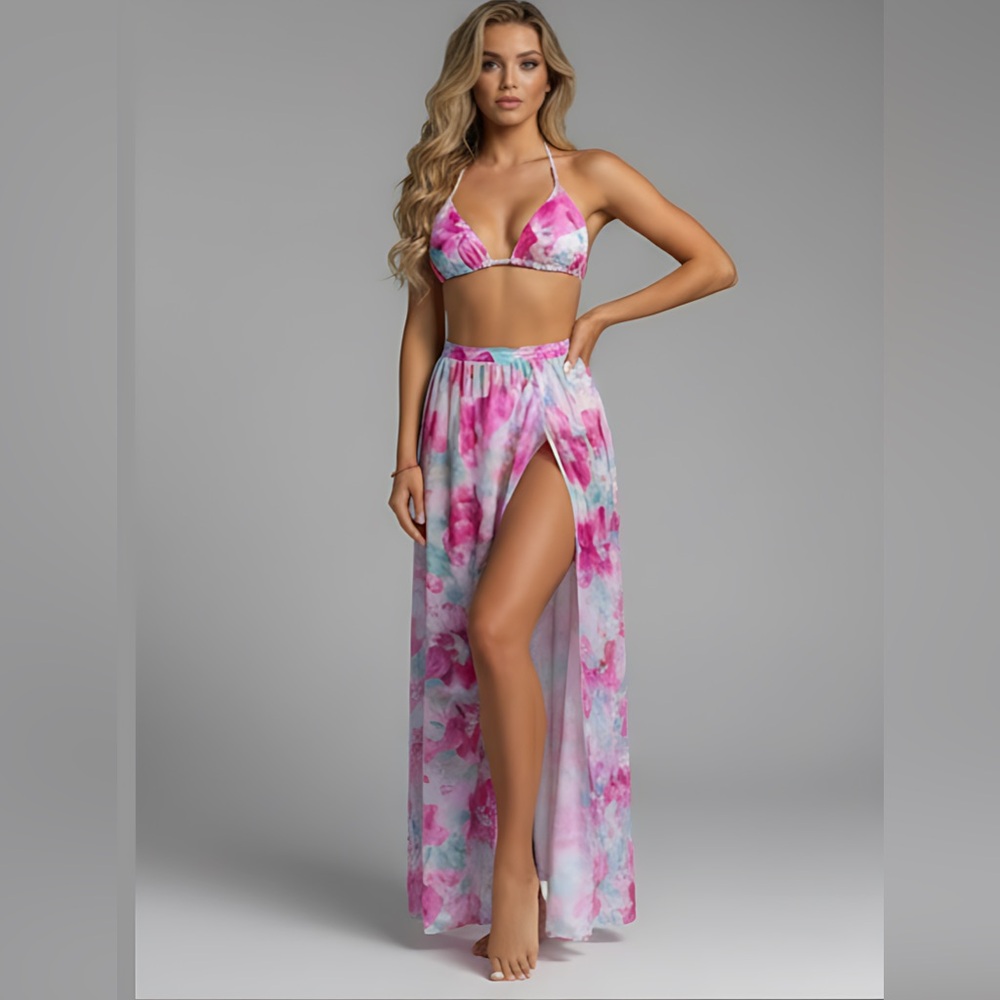 Flower Print  Bikini Swimsuit Set With Beach Skirt